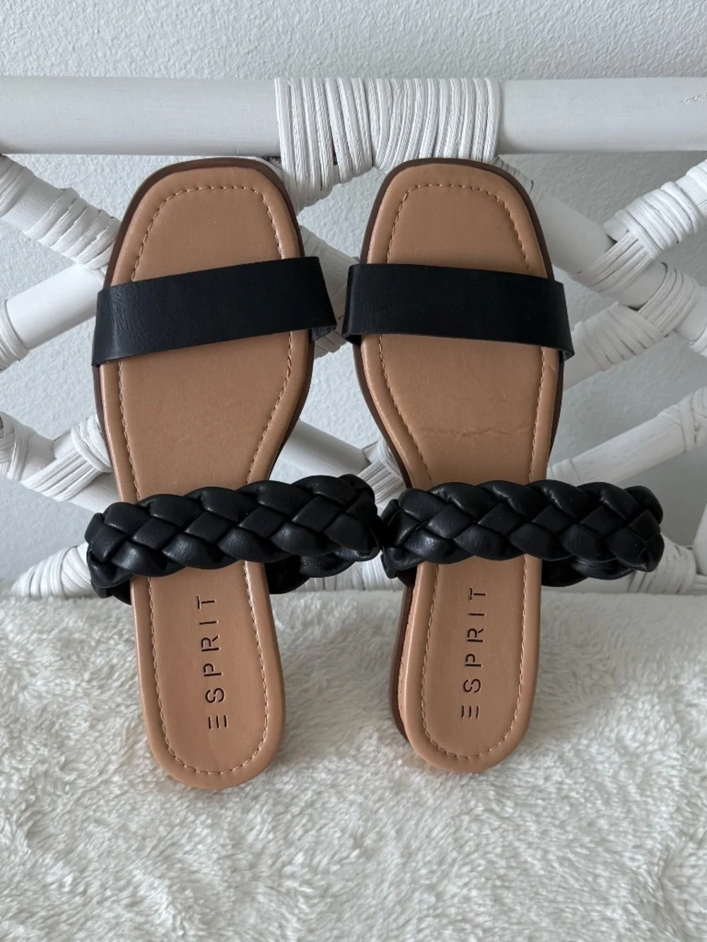 Esprit Dansel Black Double Strap Cork Wedge Slide Sandals Platform Shoes 8M NWOB